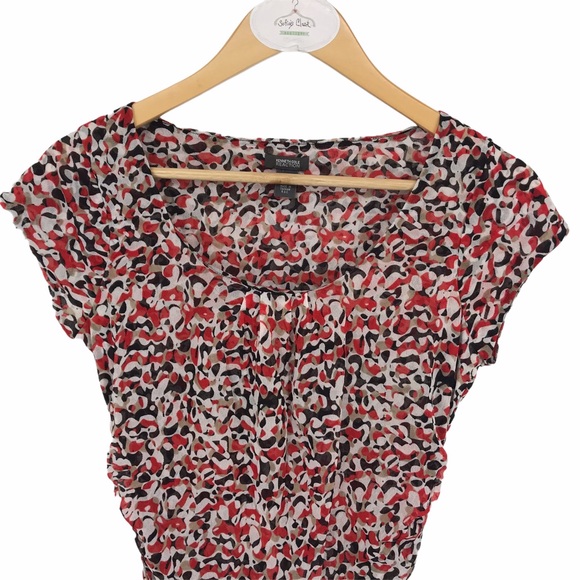 Kenneth Cole reaction top s cap sleeve ruched red white black geo - Picture 2 of 7